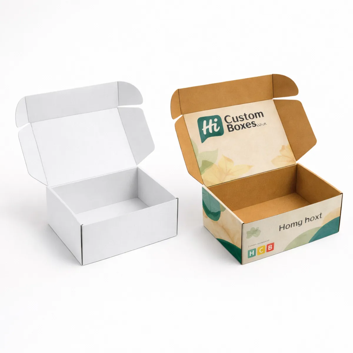 Open cardboard mailer boxes- displaying a plain white interior and a branded version with green leaf motifs- class=